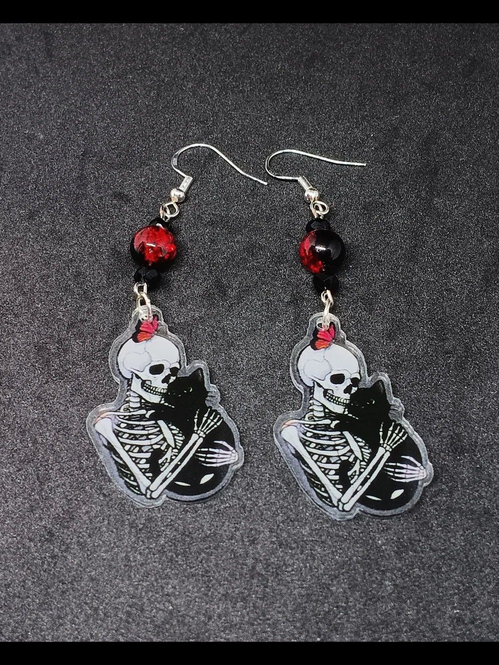 Skeleton & Cat Dangle Earrings - Red and Black